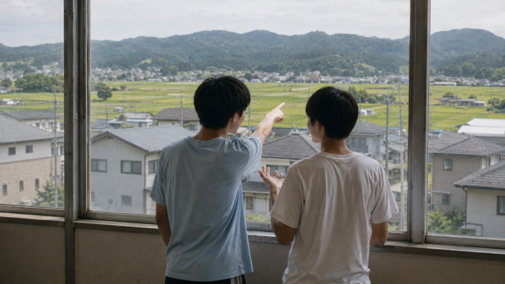 窓から田畑と住宅を見渡し、指さしながら話す2人の中高生の後ろ姿