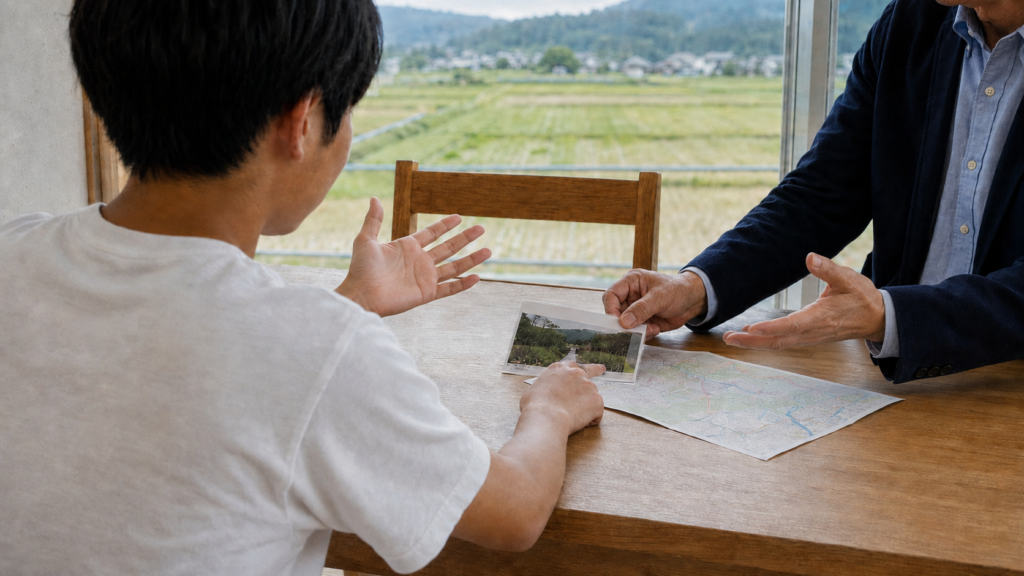 地域の写真と地図を囲み、手ぶりを交えて話す中高生と地域の大人